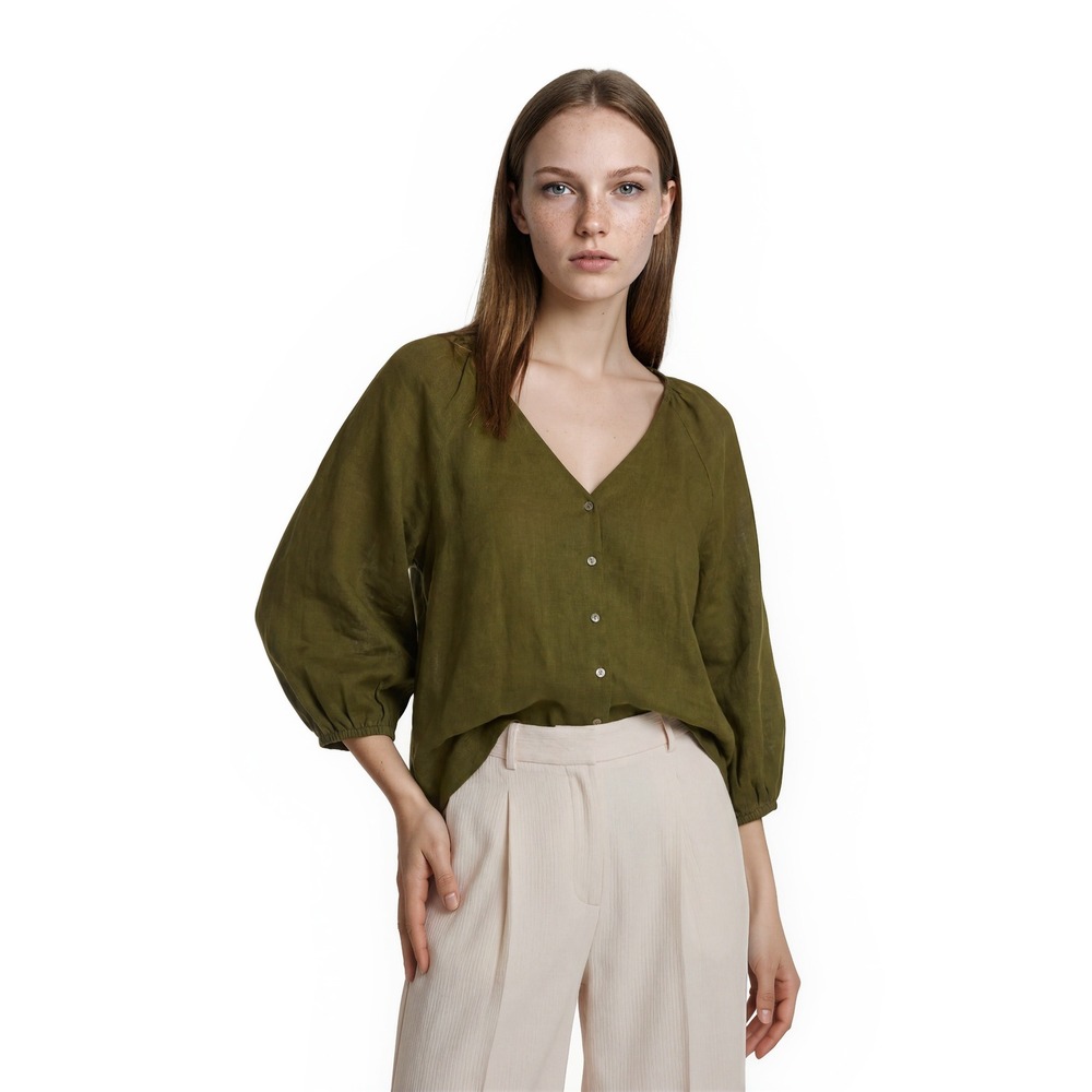 EVERY Blouse Top Women's Size Small Olive Green V Neck Balloon Sleeve Boho
